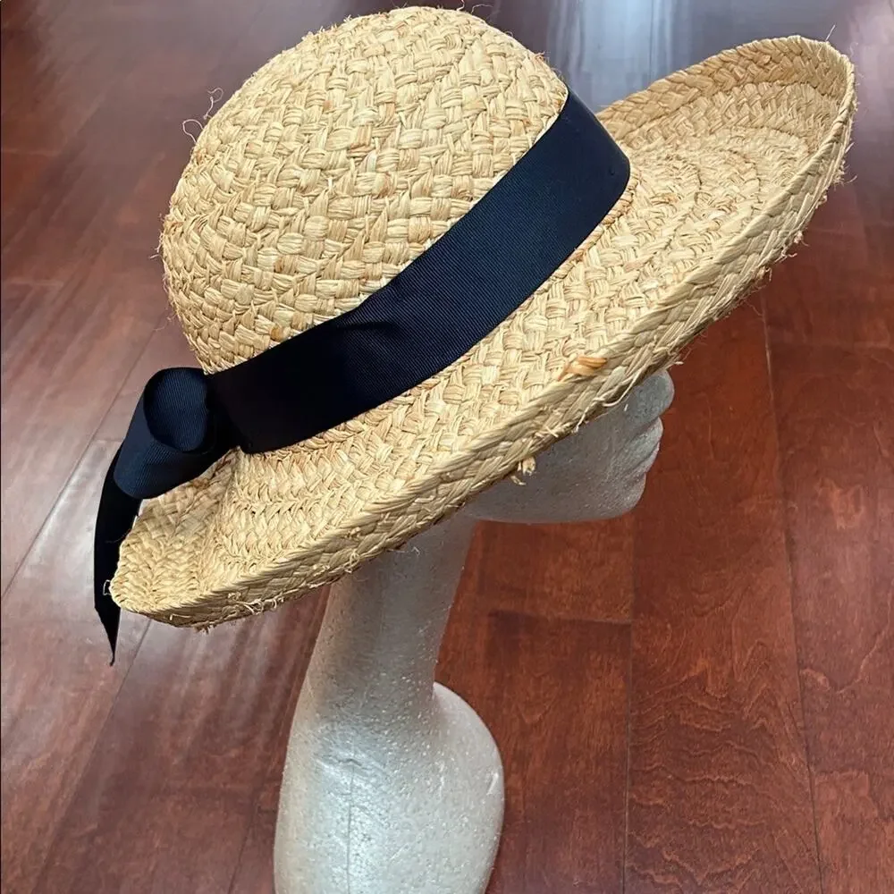 American Hat Company 100% Natural Straw Hat with Navy Ribbon Bow